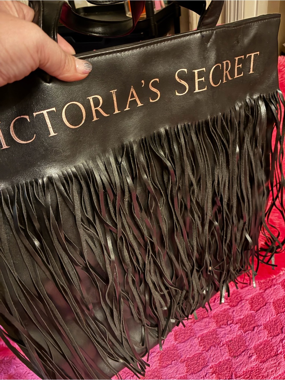 Victoria's Secret Black Fringe Tote with Rose Gold Logo